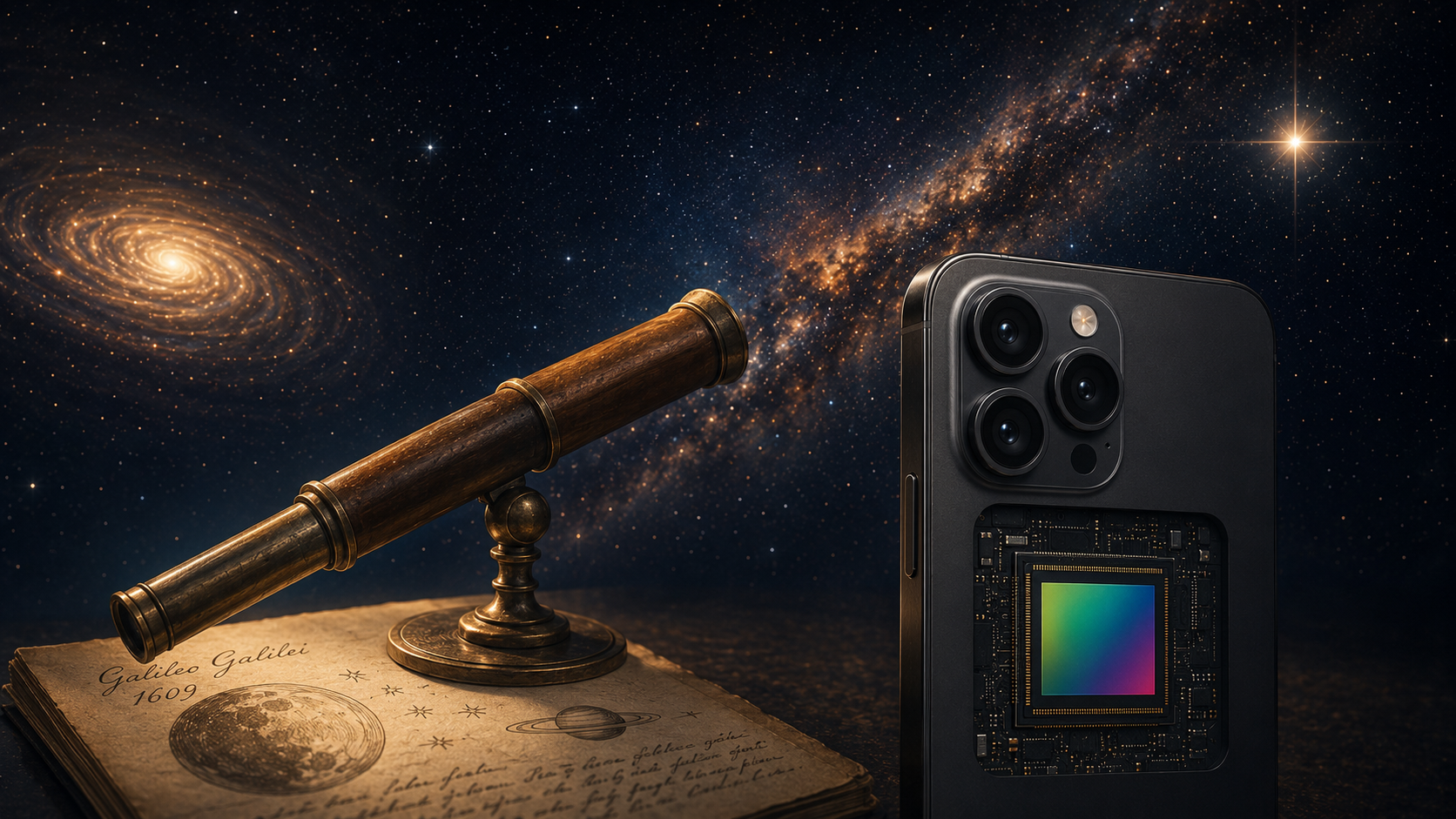 Imagen de portada del artículo «Galileo en tu bolsillo: cómo el telescopio de 1609 se convirtió en la cámara de tu celular» — categoría Astrofísica