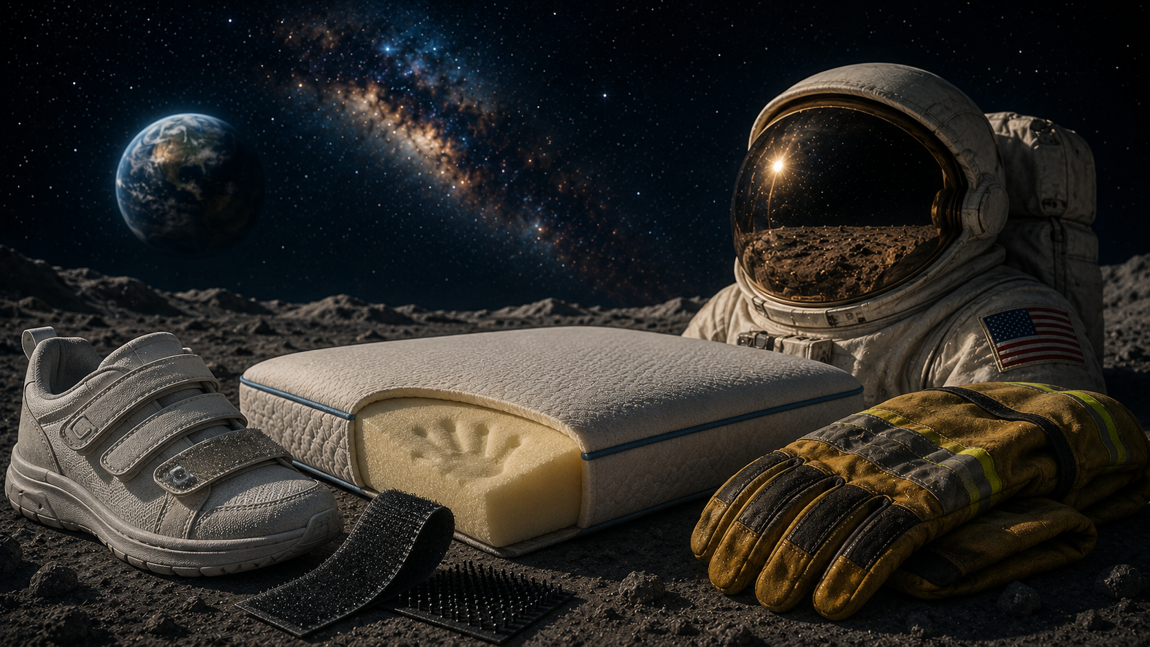 Cover image of the article “The Moon Suit in Your Mattress: What NASA Actually Invented (and What It Didn’t)” — category Astrophysics